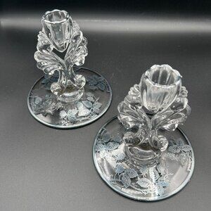 Vtg 1950s New Martinsville Glass Candle Holders Janice Pattern Silver Overlay